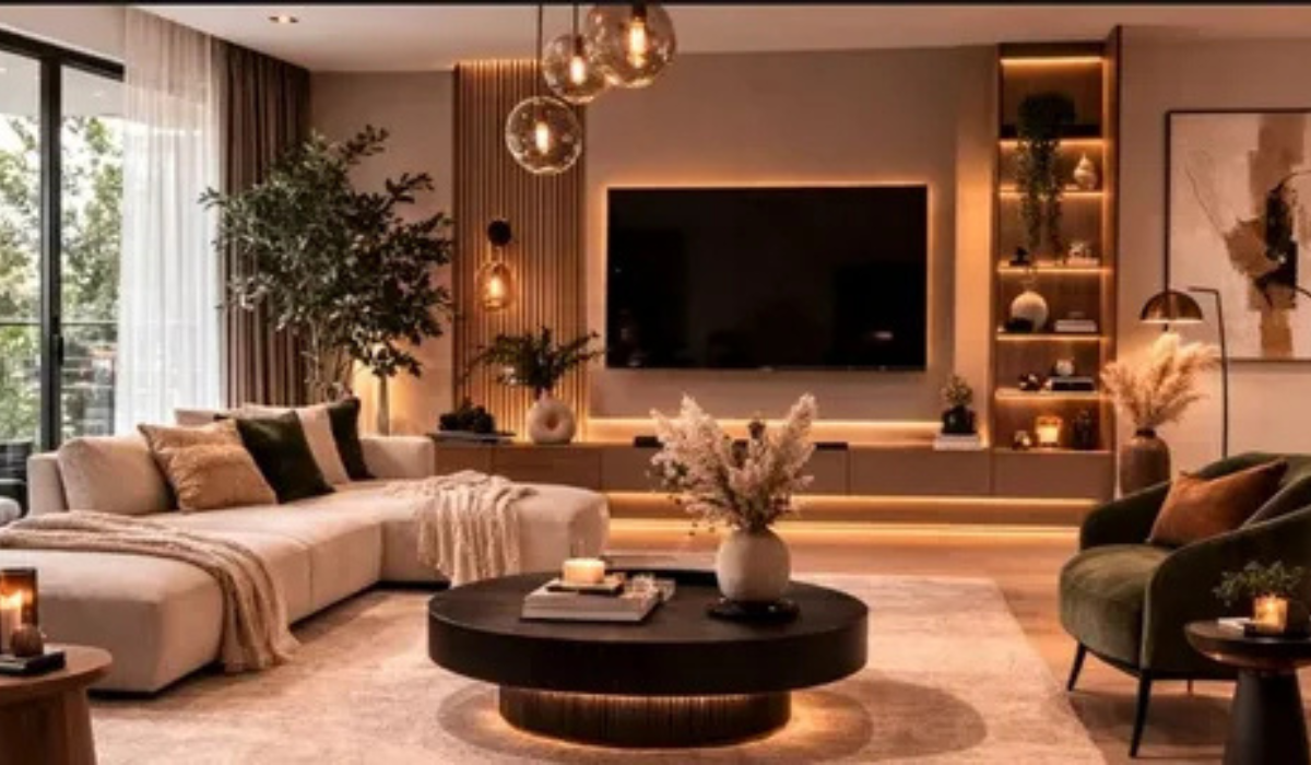 Modern home interior design with a neutral sofa, natural lighting, and stylish decor